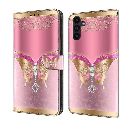 Samsung Galaxy A14 4G / 5G Crystal 3D Shockproof Protective Leather Phone Case - Pink Bottom Butterfly