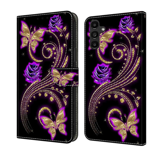 Samsung Galaxy A14 4G / 5G Crystal 3D Shockproof Protective Leather Phone Case - Purple Flower Butterfly