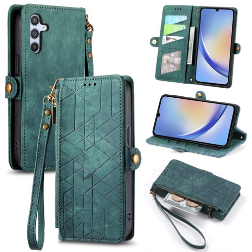 Samsung Galaxy A14 5G Geometric Zipper Wallet Side Buckle Leather Phone Case - Green