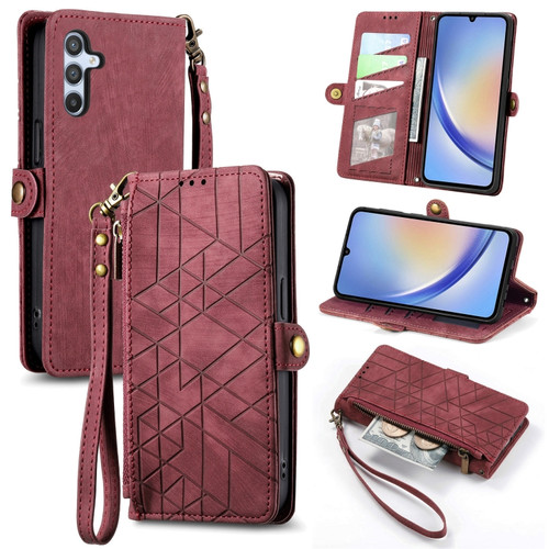 Samsung Galaxy A14 5G Geometric Zipper Wallet Side Buckle Leather Phone Case - Red