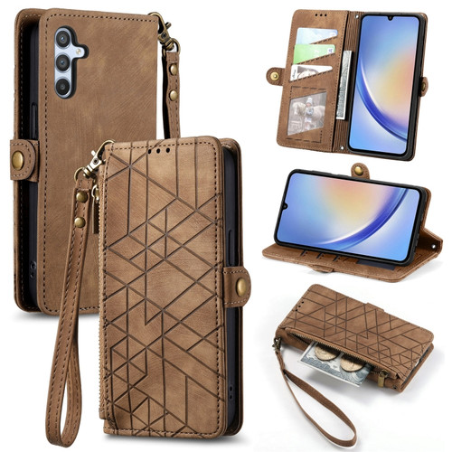 Samsung Galaxy A14 5G Geometric Zipper Wallet Side Buckle Leather Phone Case - Brown