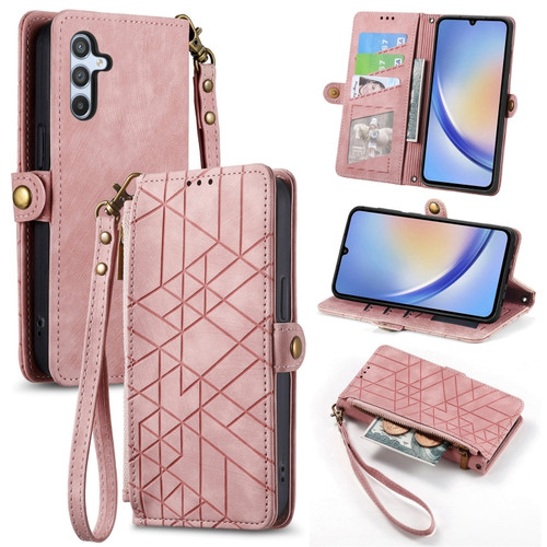 Samsung Galaxy A14 5G Geometric Zipper Wallet Side Buckle Leather Phone Case - Pink