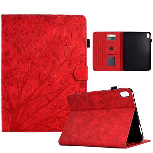 iPad 10.9 2022 Fortune Tree Pressure Flower PU Tablet Case with Wake-up / Sleep Function - Red
