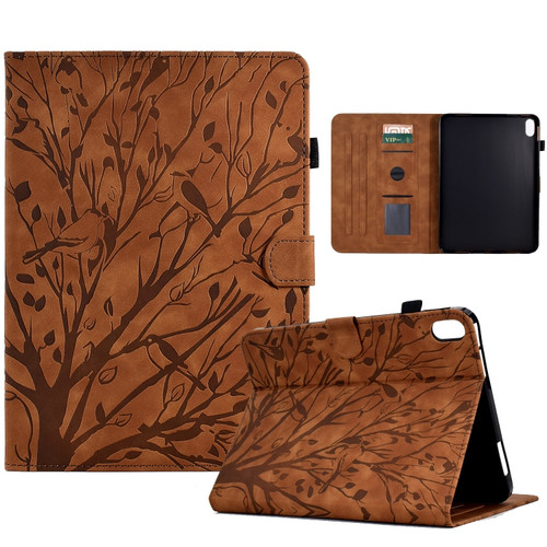 iPad 10.9 2022 Fortune Tree Pressure Flower PU Tablet Case with Wake-up / Sleep Function - Brown