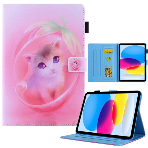 iPad 10th Gen 10.9 2022 Colored Drawing Leather Smart Tablet Case - Pink Cat
