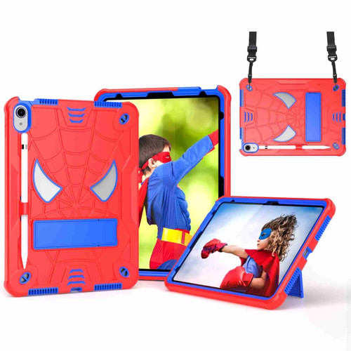 iPad 10th Gen 10.9 2022 Spider Texture Silicone Hybrid PC Tablet Case with Shoulder Strap - Red + Blue