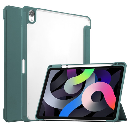 iPad Air 2022 / 2020 10.9 TPU Transparent Back Cover Horizontal Flip Leather Case with Three-folding Holder & Sleep / Wake-up Function / Pen Slot - Dark Green