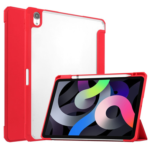 iPad Air 2022 / 2020 10.9 TPU Transparent Back Cover Horizontal Flip Leather Case with Three-folding Holder & Sleep / Wake-up Function / Pen Slot - Red