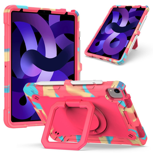 Contrast Color Shockproof Robot Silicone + PC Case with Wristband Holder iPad Air 2022 / 2020 10.9 - Camouflage + Rose Red