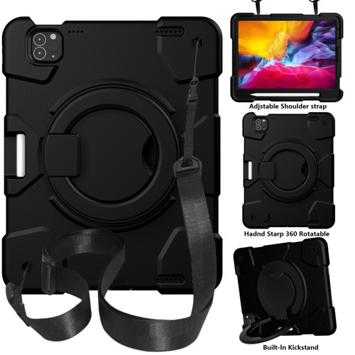 iPad Pro 11 2020/Pro 11 2018/Air 2020/Air 2022 Silicone + PC Full Body Protection Tablet Case With Holder & Strap - Black