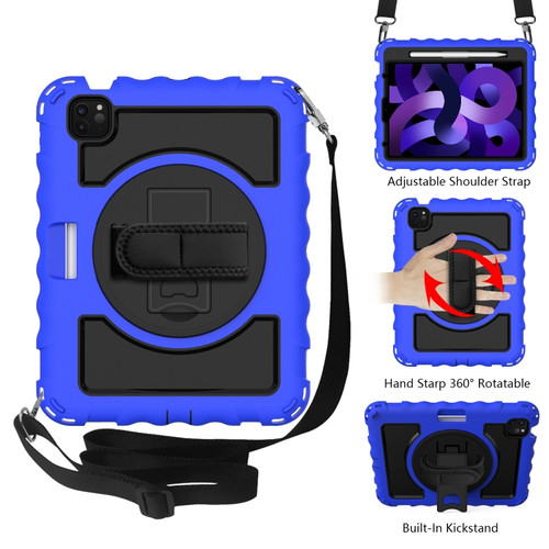 iPad Air 2022 / 2020 10.9 360 Degree Rotation PC + Silicone Shockproof Combination Case with Holder & Hand Grip Strap & Neck Strap & Pen Slot Holder - Blue