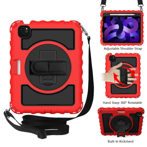 iPad Air 2022 / 2020 10.9 360 Degree Rotation PC + Silicone Shockproof Combination Case with Holder & Hand Grip Strap & Neck Strap & Pen Slot Holder - Red