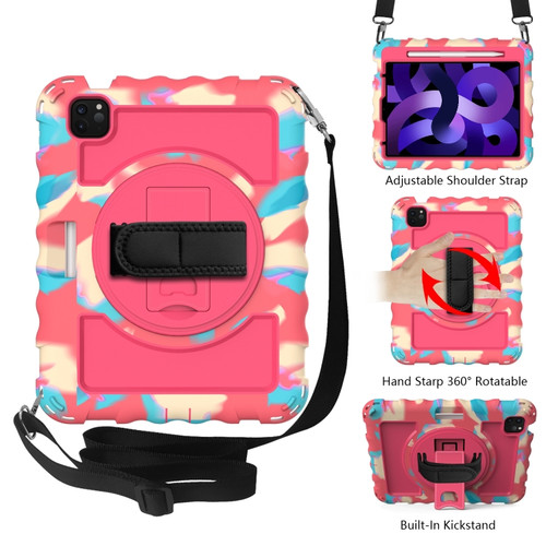 iPad Air 2022 / 2020 10.9 360 Degree Rotation PC + Silicone Shockproof Combination Case with Holder & Hand Grip Strap & Neck Strap & Pen Slot Holder - Colorful+Hot Pink