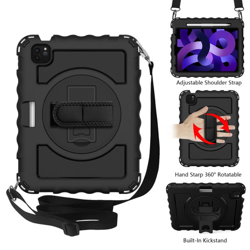 iPad Air 2022 / 2020 10.9 360 Degree Rotation PC + Silicone Shockproof Combination Case with Holder & Hand Grip Strap & Neck Strap & Pen Slot Holder - Black
