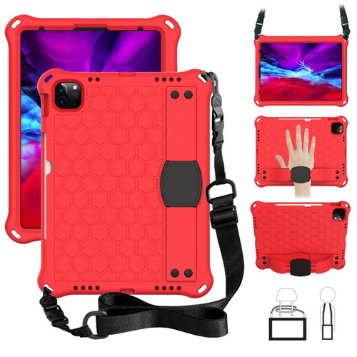 iPad Air 2022 / 2020 10.9 Honeycomb Design EVA + PC Material Four Corner Anti Falling Flat Protective Shell with Strap - Red+Black