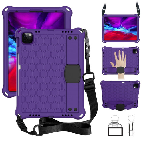 iPad Air 2022 / 2020 10.9 Honeycomb Design EVA + PC Material Four Corner Anti Falling Flat Protective Shell with Strap - Purple+Black
