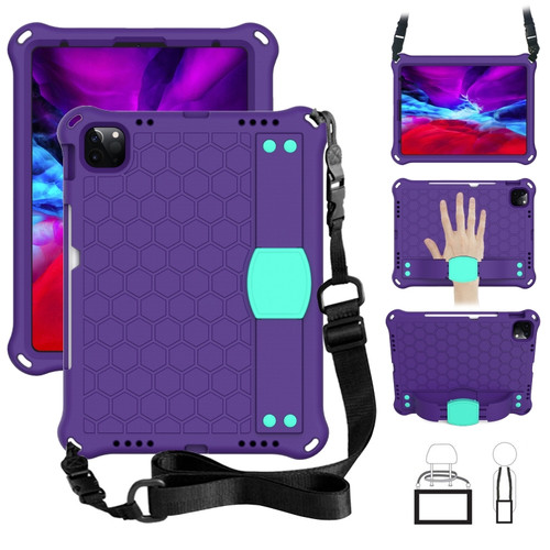iPad Air 2022 / 2020 10.9 Honeycomb Design EVA + PC Material Four Corner Anti Falling Flat Protective Shell with Strap - Purple+Mint Green