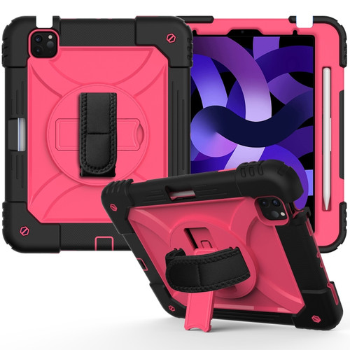 iPad Air 2022 / 2020 10.9 / Air 2022 Shockproof PC + Silicone Combination Case with Holder & Hand Strap & Shoulder Strap - Black + Rose Red