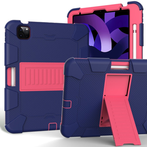 iPad Air 2022 / 2020 10.9 Shockproof Two-Color Silicone Protective Case with Holder - Navy Blue + Rose Red