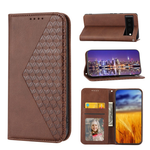 Google Pixel 6 Pro Cubic Grid Calf Texture Magnetic Closure Leather Phone Case - Brown