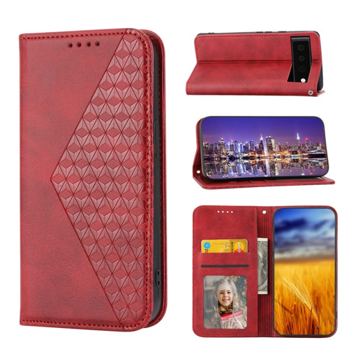 Google Pixel 6 Pro Cubic Grid Calf Texture Magnetic Closure Leather Phone Case - Red