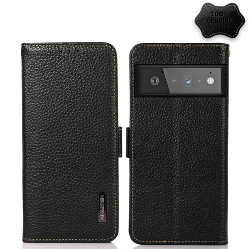 Google Pixel 6 Pro KHAZNEH Side-Magnetic Litchi Genuine Leather RFID Case - Black
