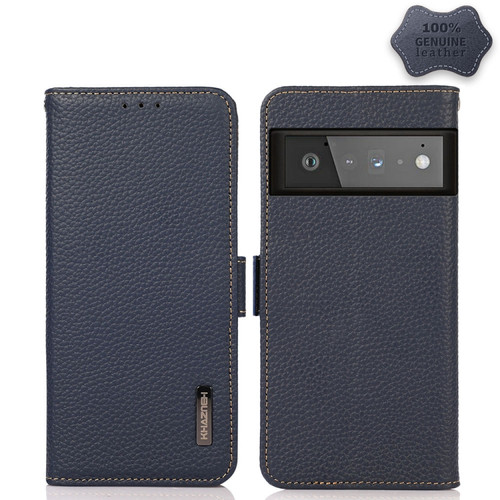 Google Pixel 6 Pro KHAZNEH Side-Magnetic Litchi Genuine Leather RFID Case - Blue