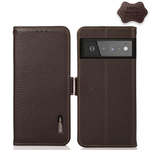 Google Pixel 6 Pro KHAZNEH Side-Magnetic Litchi Genuine Leather RFID Case - Brown
