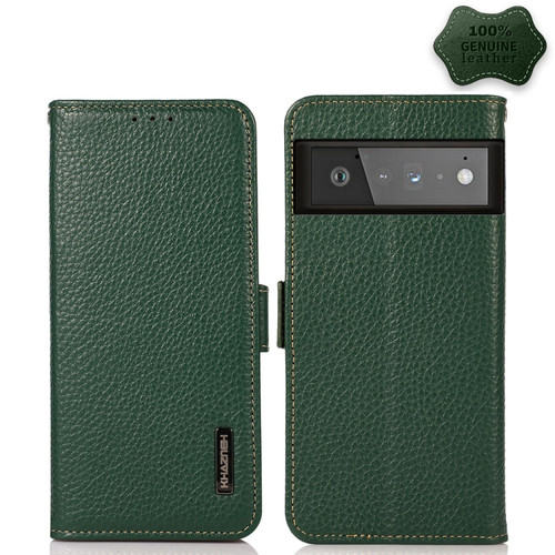 Google Pixel 6 Pro KHAZNEH Side-Magnetic Litchi Genuine Leather RFID Case - Green