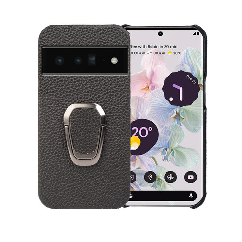 Google Pixel 6 Pro Ring Holder Litchi Texture Genuine Leather Phone Case - Black