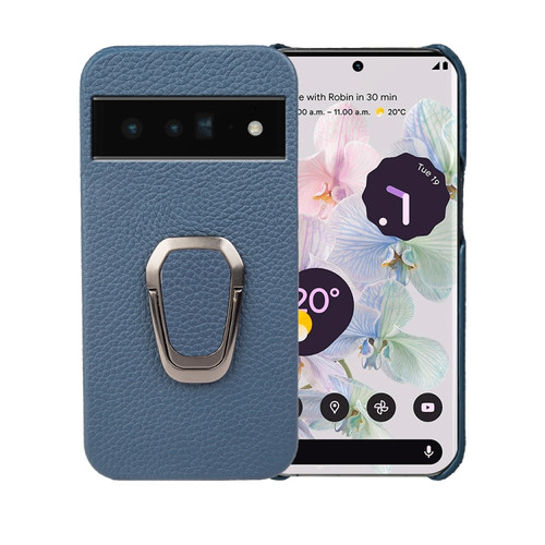 Google Pixel 6 Pro Ring Holder Litchi Texture Genuine Leather Phone Case - Blue