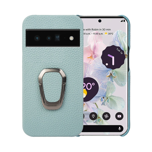 Google Pixel 6 Pro Ring Holder Litchi Texture Genuine Leather Phone Case - Cyan