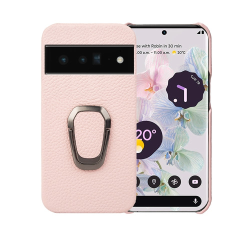 Google Pixel 6 Pro Ring Holder Litchi Texture Genuine Leather Phone Case - Pink