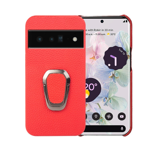 Google Pixel 6 Pro Ring Holder Litchi Texture Genuine Leather Phone Case - Red