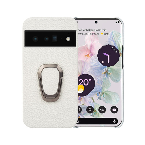 Google Pixel 6 Pro Ring Holder Litchi Texture Genuine Leather Phone Case - White