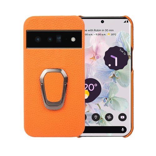 Google Pixel 6 Pro Ring Holder Litchi Texture Genuine Leather Phone Case - Yellow