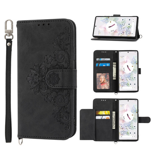 Google Pixel 6 Pro Skin-feel Flowers Embossed Wallet Leather Phone Case - Black