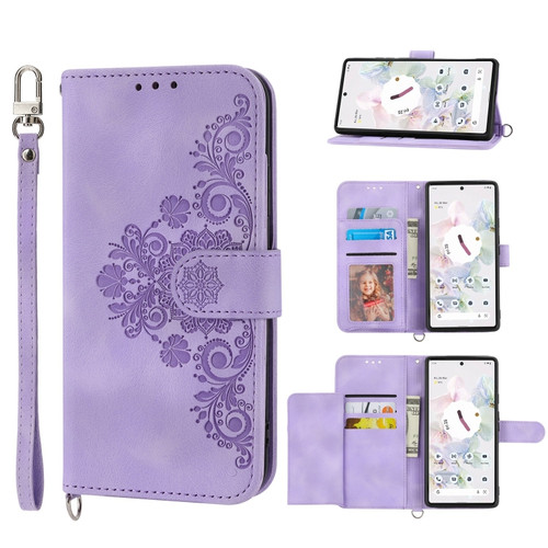 Google Pixel 6 Pro Skin-feel Flowers Embossed Wallet Leather Phone Case - Purple