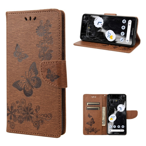 Google Pixel 7 Pro 5G Butterfly Embossed Horizontal Flip Leather Phone Case - Brown