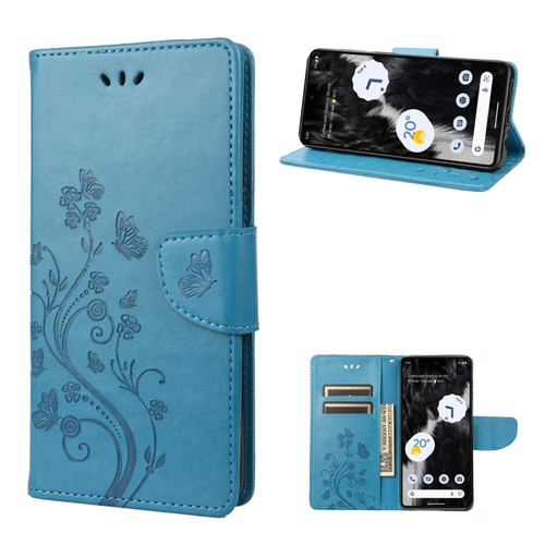 Google Pixel 7 Pro 5G Butterfly Flower Pattern Flip Leather Phone Case - Blue