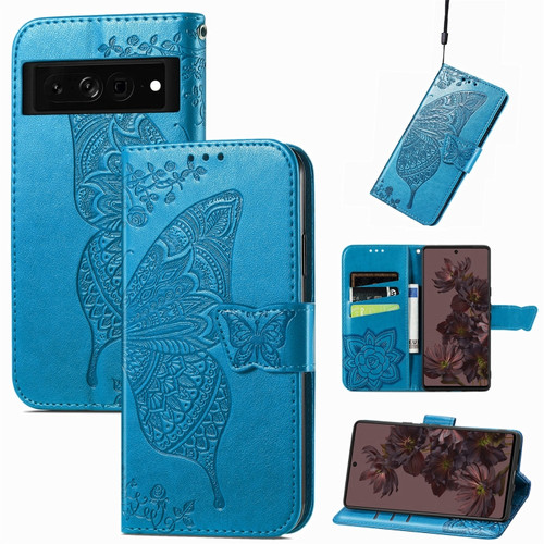 Google Pixel 7 Pro 5G Butterfly Love Flower Embossed Leather Phone Case - Blue