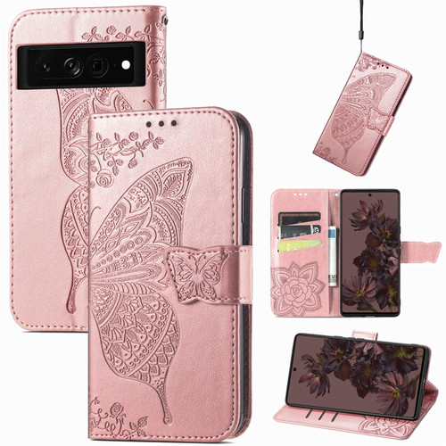 Google Pixel 7 Pro 5G Butterfly Love Flower Embossed Leather Phone Case - Rose Gold