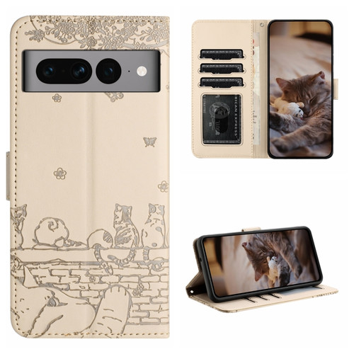 Google Pixel 7 Pro 5G Cat Embossing Pattern Leather Phone Case with Lanyard - Beige