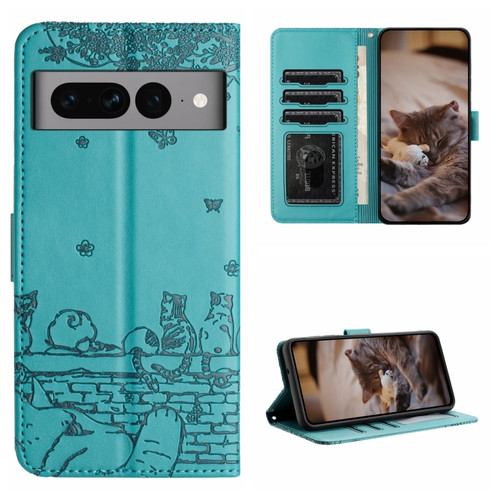 Google Pixel 7 Pro 5G Cat Embossing Pattern Leather Phone Case with Lanyard - Blue