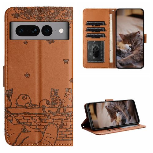 Google Pixel 7 Pro 5G Cat Embossing Pattern Leather Phone Case with Lanyard - Brown