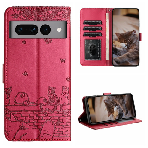 Google Pixel 7 Pro 5G Cat Embossing Pattern Leather Phone Case with Lanyard - Red