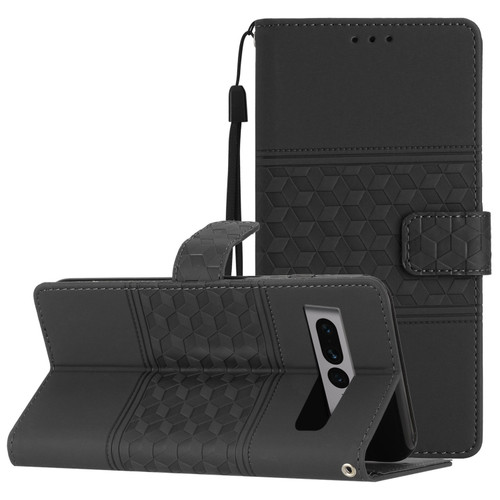 Google Pixel 7 Pro 5G Diamond Embossed Skin Feel Leather Phone Case with Lanyard - Black