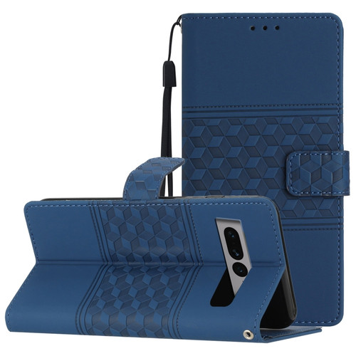 Google Pixel 7 Pro 5G Diamond Embossed Skin Feel Leather Phone Case with Lanyard - Dark Blue