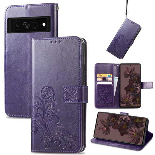 Google Pixel 7 Pro 5G Four-leaf Clasp Embossed Buckle Leather Phone Case - Purple