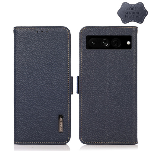 Google Pixel 7 Pro 5G KHAZNEH Side-Magnetic Litchi Genuine Leather RFID Phone Case - Blue